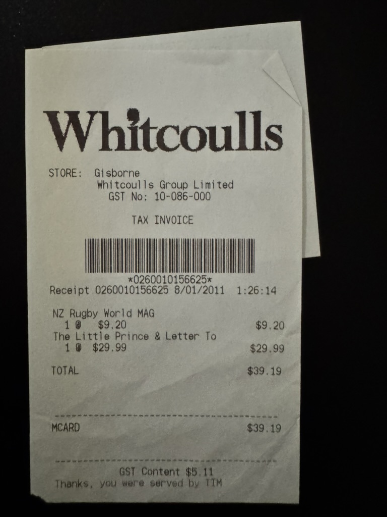 Lo scontrino di Whitcoulls
